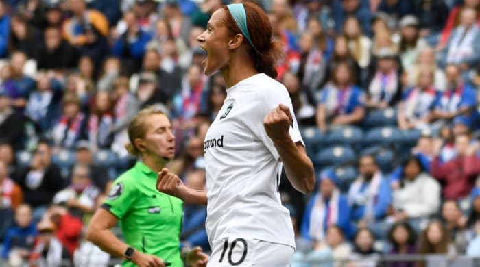 New Jersey/New York Gotham FC forward Lynn Williams celebrates after scoring a goal.